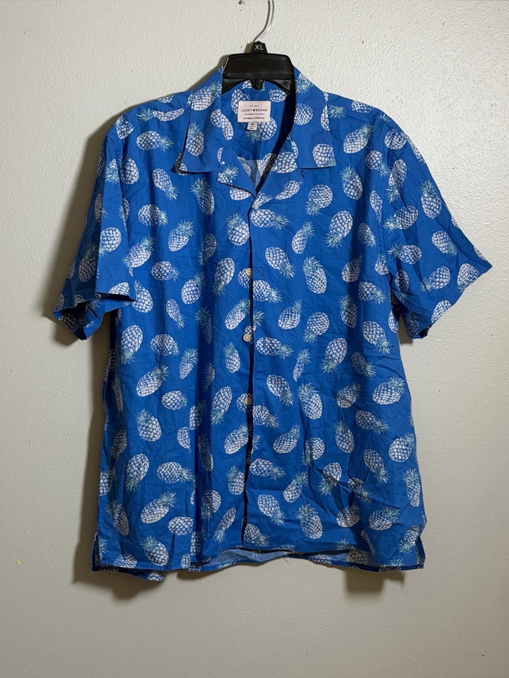 Lucky Brand Men's Saturday Stretch Pineapple Blue Short Sleeve Button Shirt XL